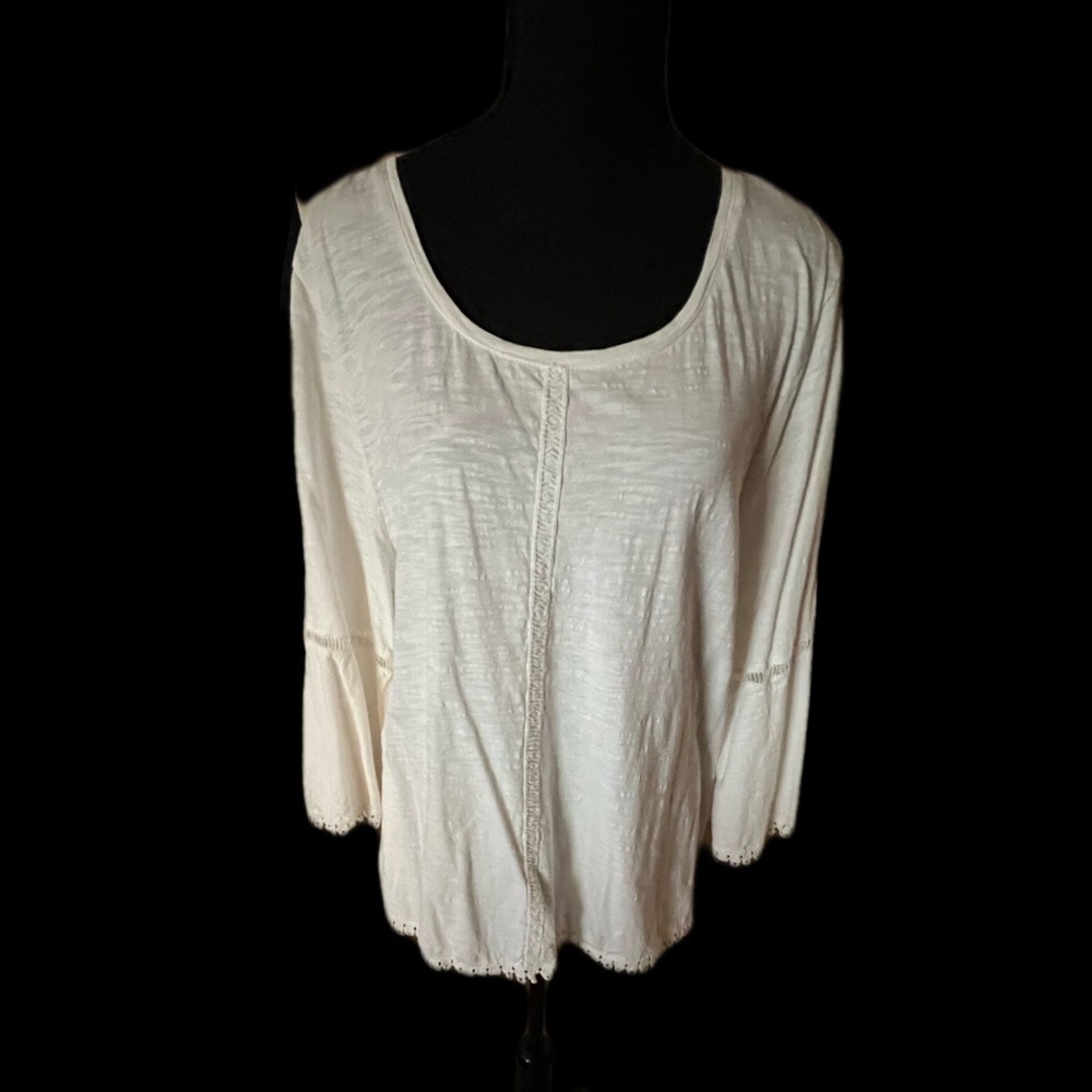 Style and Co Off White Boho Blouse Crochet Trim Bell Sleeves Size XL